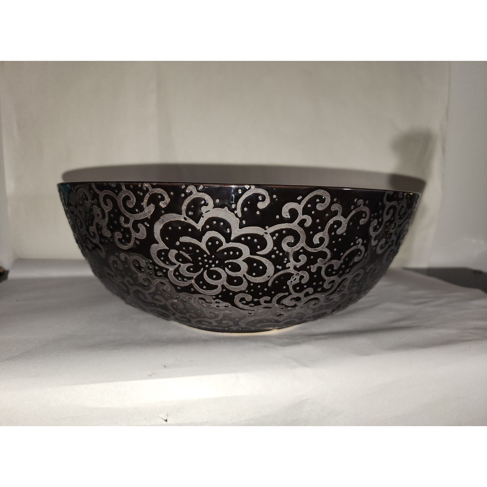 Large Black Gray Embossed Floral Ceramic Centerpiece Bowl 12" Decorative 4 lb